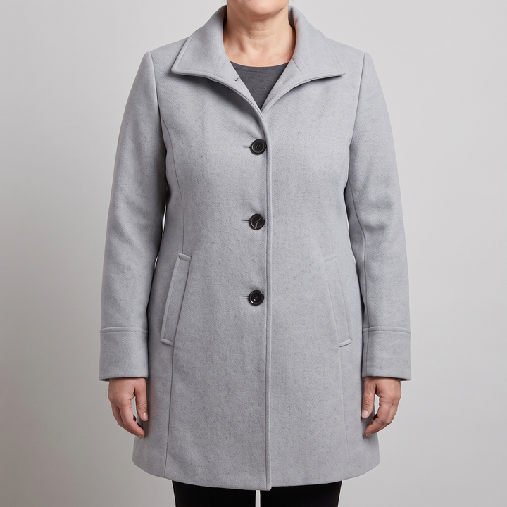 Women's solid knee-length button front coat with long sleeves and slanted pockets