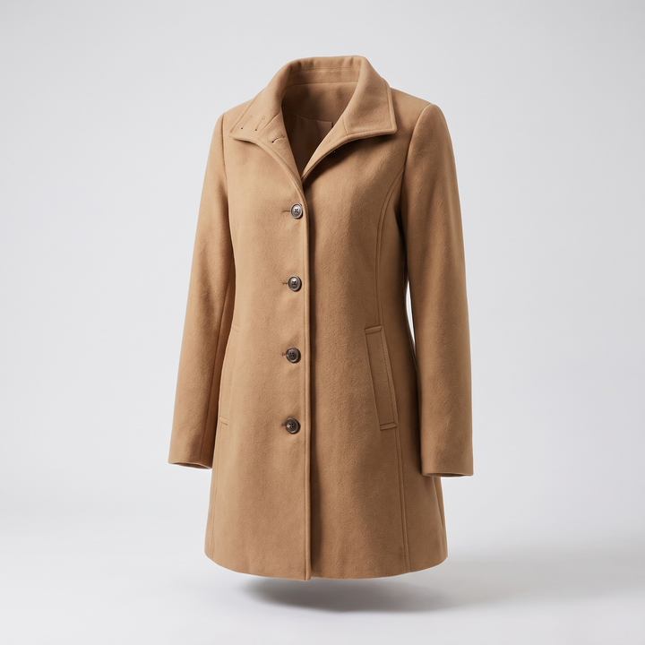 Women's solid knee-length button front coat with long sleeves and slanted pockets