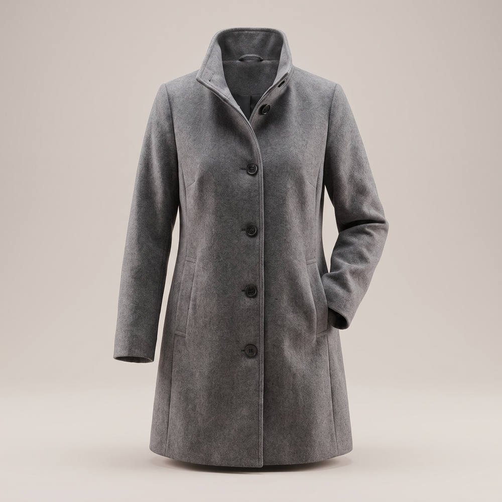 Women's solid knee-length button front coat with long sleeves and slanted pockets