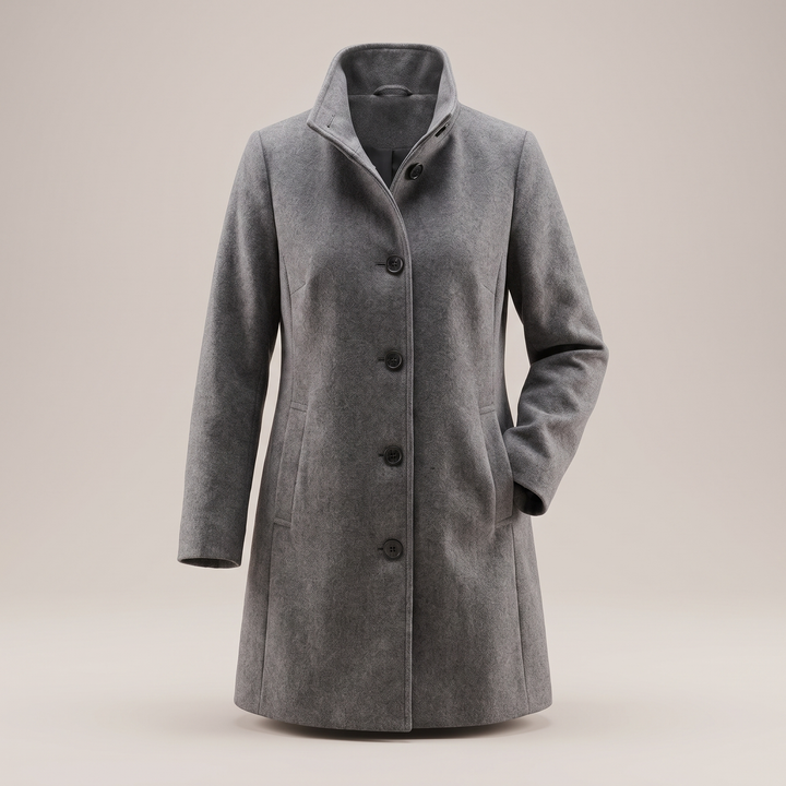 Women's solid knee-length button front coat with long sleeves and slanted pockets