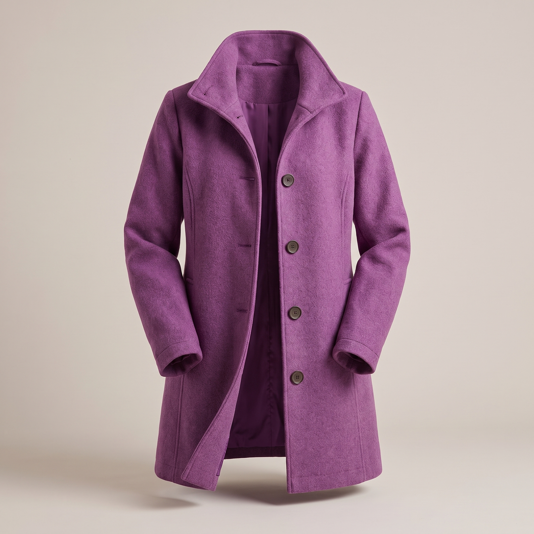 Women's solid knee-length button front coat with long sleeves and slanted pockets