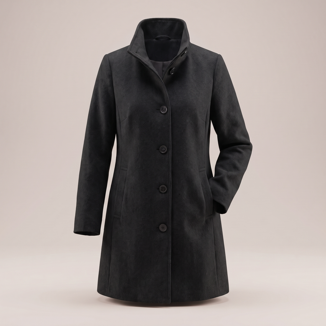 Women's solid knee-length button front coat with long sleeves and slanted pockets