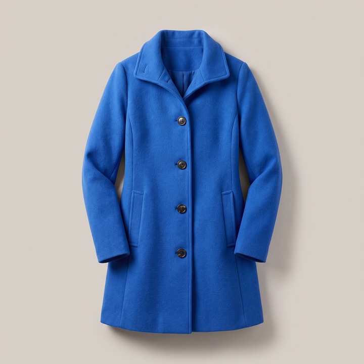 Women's solid knee-length button front coat with long sleeves and slanted pockets