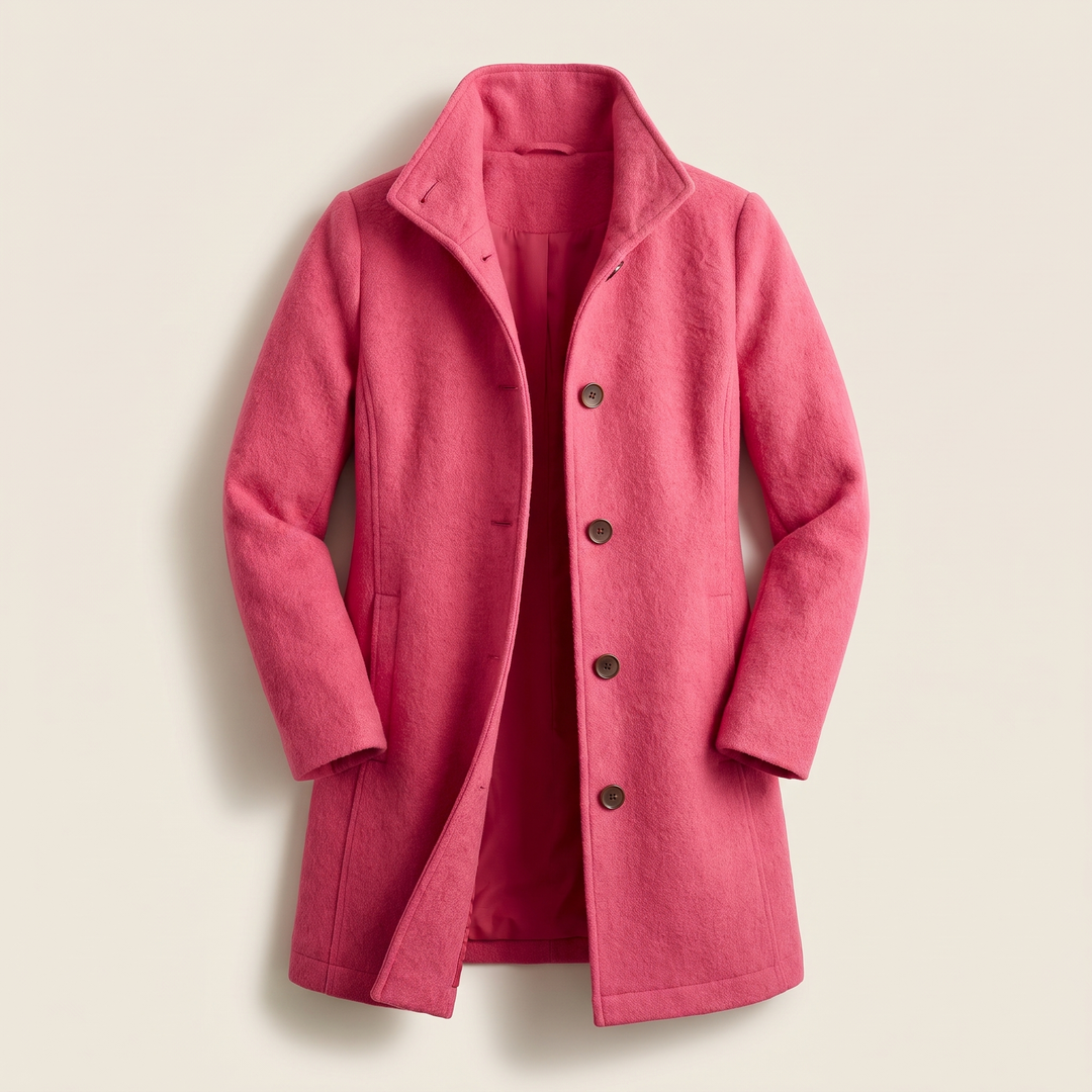 Women's solid knee-length button front coat with long sleeves and slanted pockets