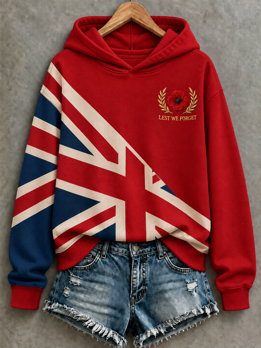 Women's hooded sweatshirt with Union Jack graphic, poppy emblem and long sleeves