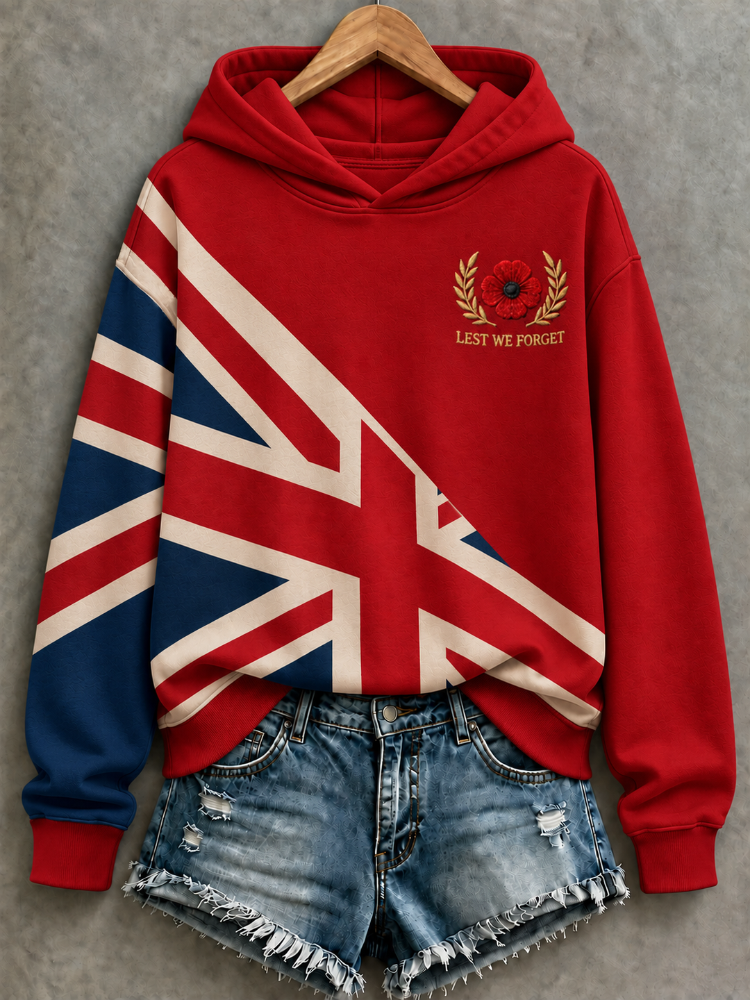 Women's hooded sweatshirt with Union Jack graphic, poppy emblem and long sleeves