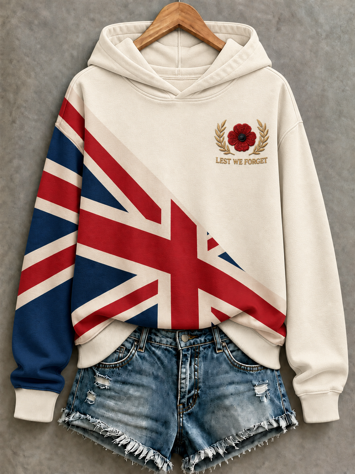 Women's hooded sweatshirt with Union Jack graphic, poppy emblem and long sleeves