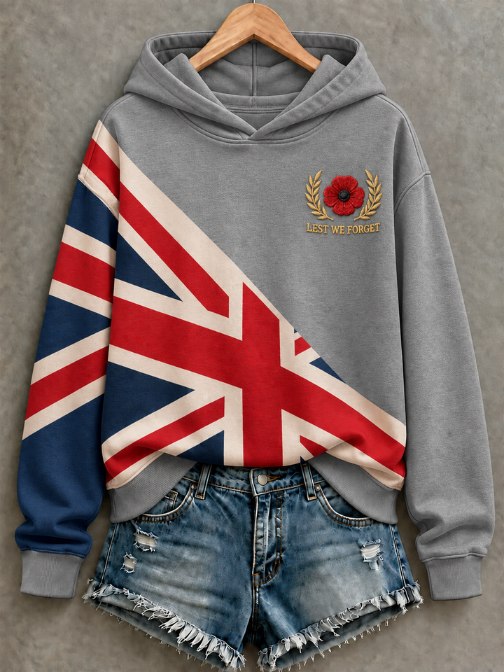 Women's hooded sweatshirt with Union Jack graphic, poppy emblem and long sleeves