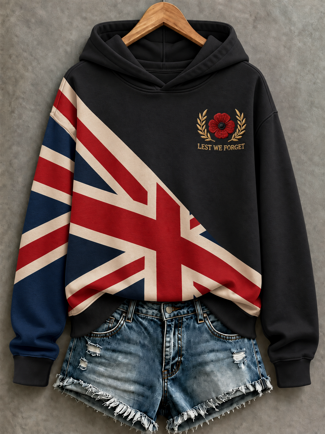Women's hooded sweatshirt with Union Jack graphic, poppy emblem and long sleeves