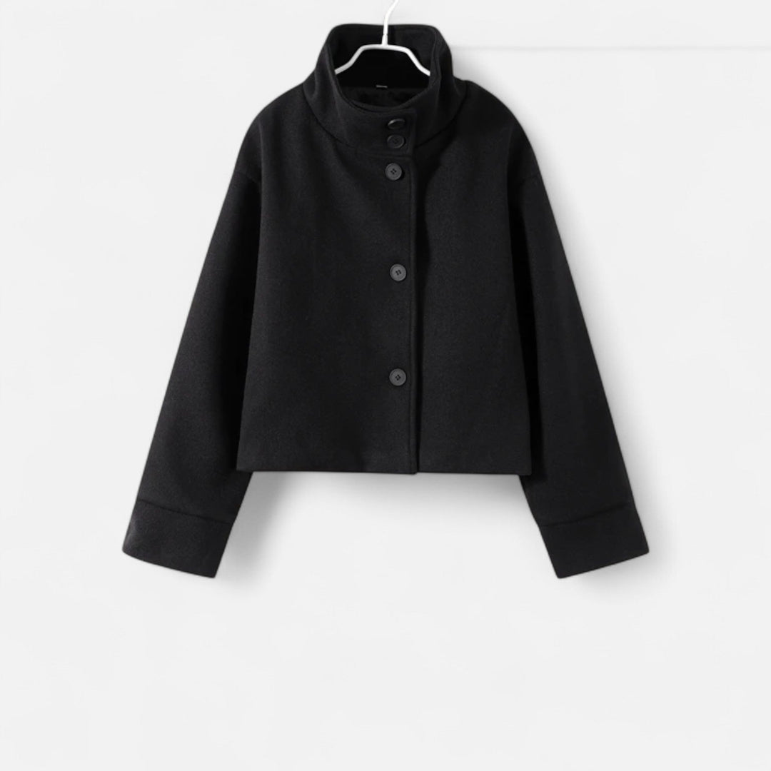 Women's short button-front coat with high collar and long sleeves