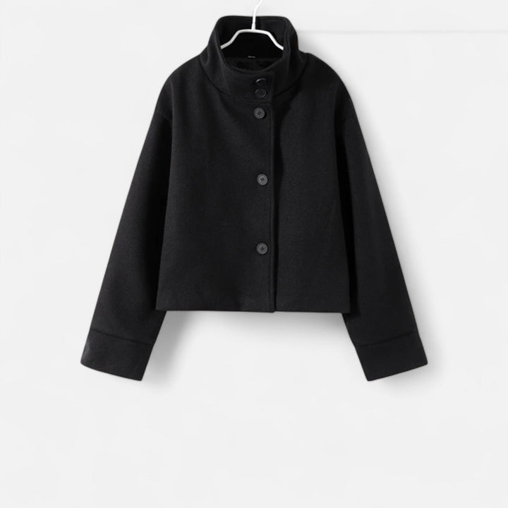 Women's short button-front coat with high collar and long sleeves