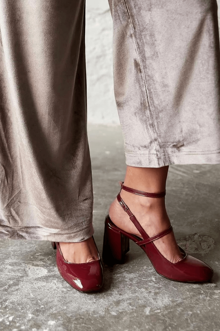 Glossy burgundy Mary Jane pumps with double ankle straps and chunky block heels