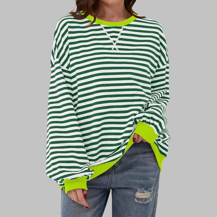 Women's striped crew neck sweatshirt with long sleeves and ribbed trims