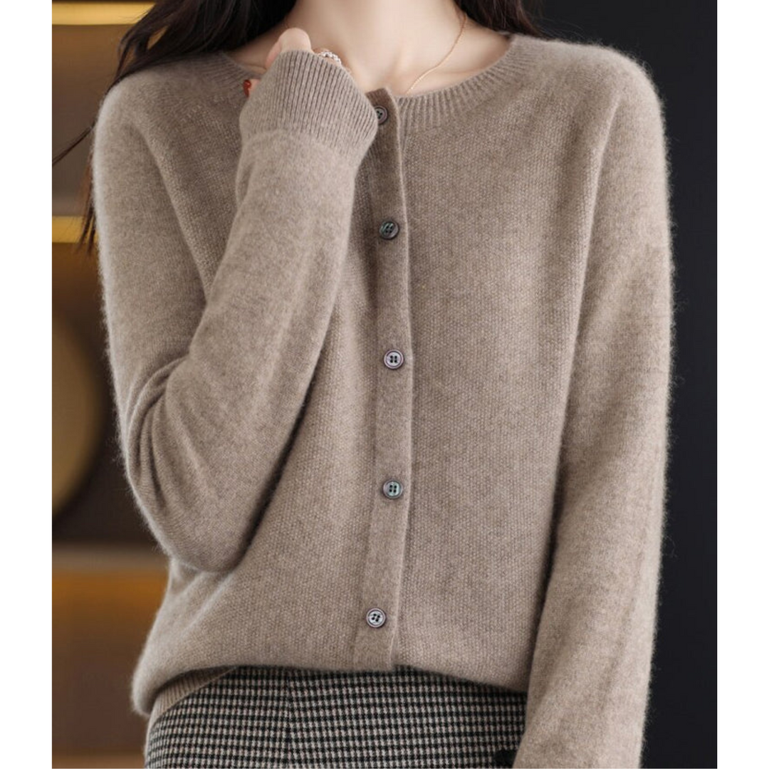 Women's plain crew neck button front cardigan with long sleeves