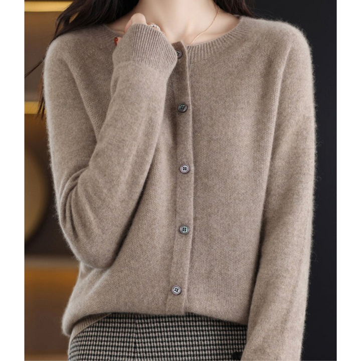 Women's plain crew neck button front cardigan with long sleeves