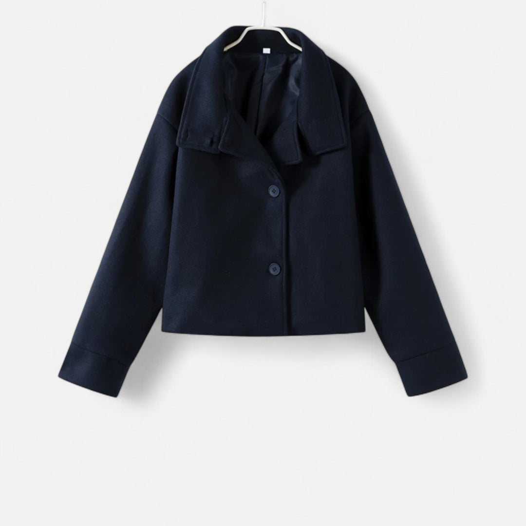 Women's short button-front coat with high collar and long sleeves