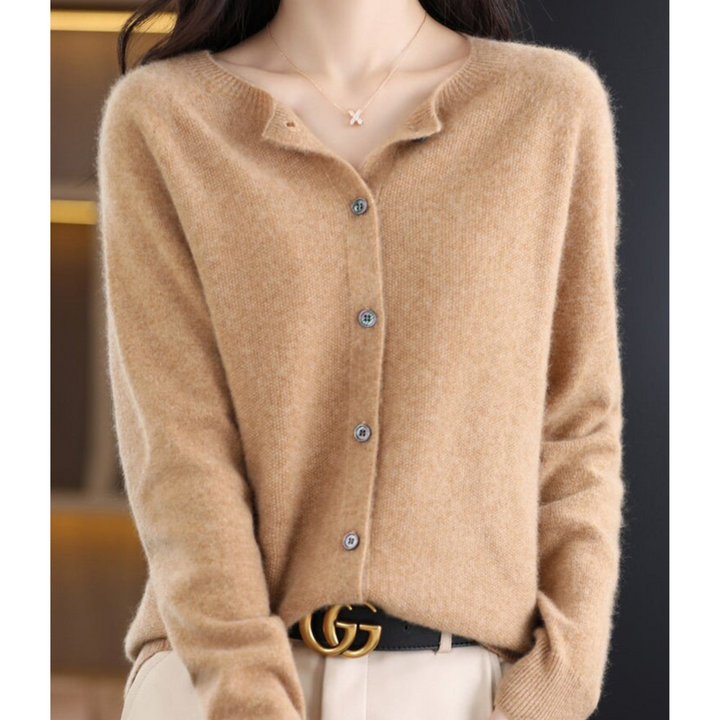 Women's plain crew neck button front cardigan with long sleeves