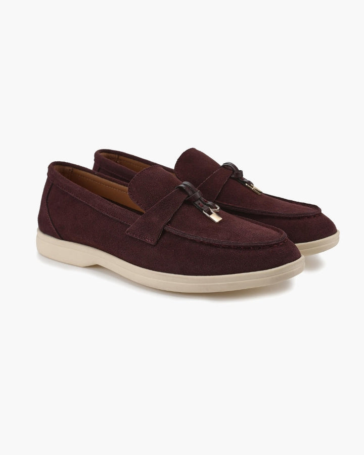 Women's slip-on loafers with penny straps and metal trim