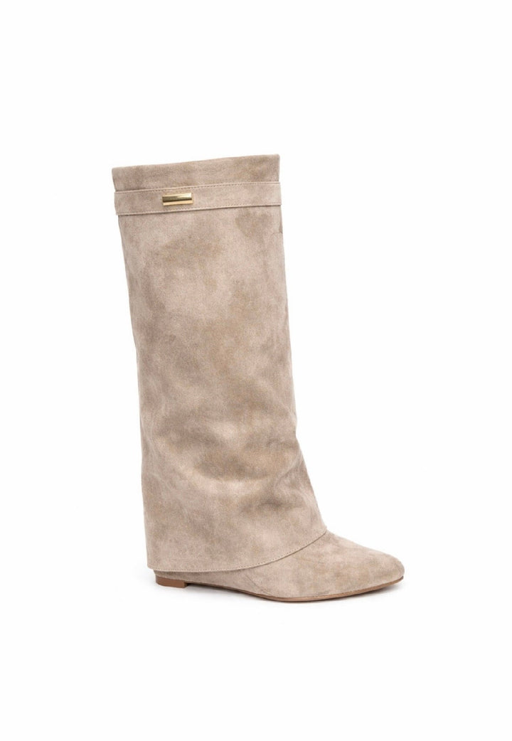 Women's beige tall wedge boots with almond toe and gold trim
