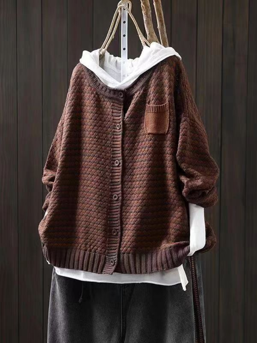 Textured knit cardigan with buttons, ribbed trims and patch pocket