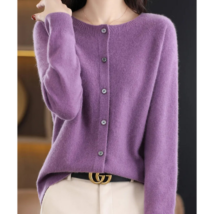 Women's plain crew neck button front cardigan with long sleeves