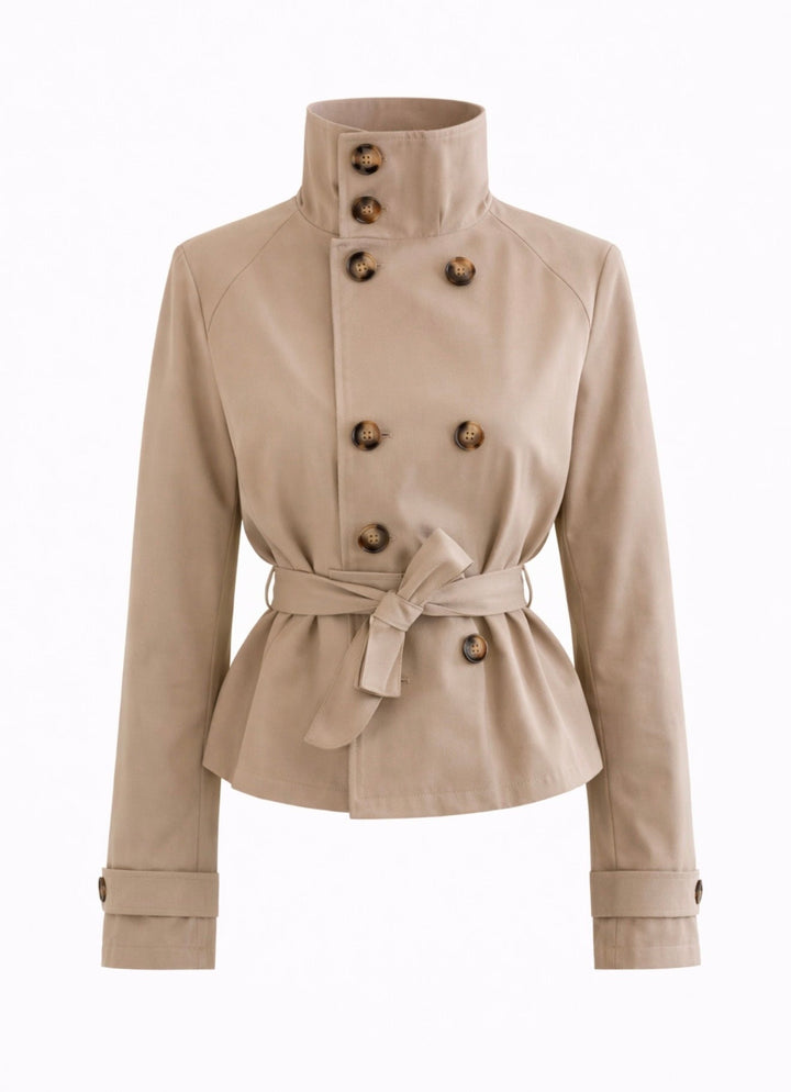 Women's beige belted trench jacket with high collar and button front