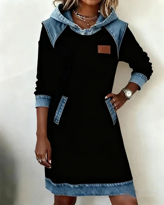 Women's hooded sweatshirt dress with long sleeves and contrast blue trim