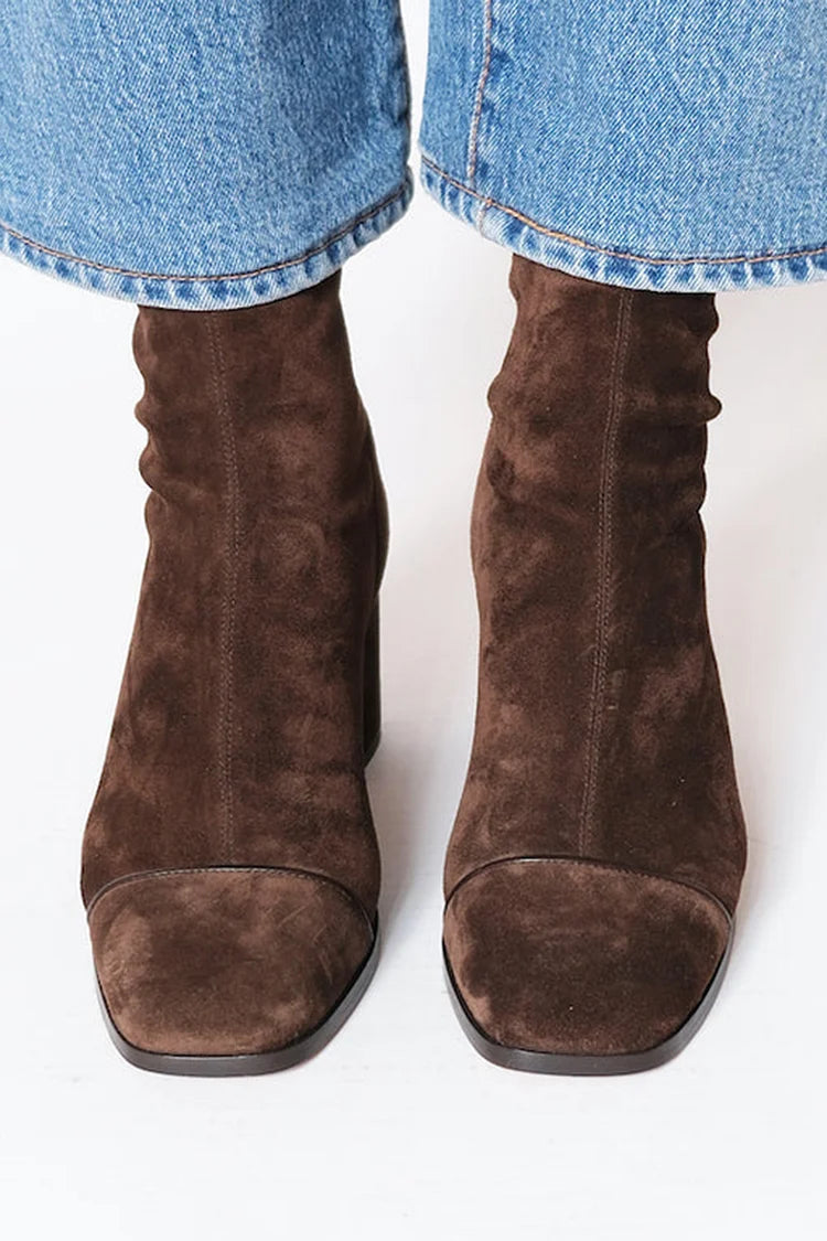 Women's dark brown square-toe ankle boots with ruched shafts and chunky block heels
