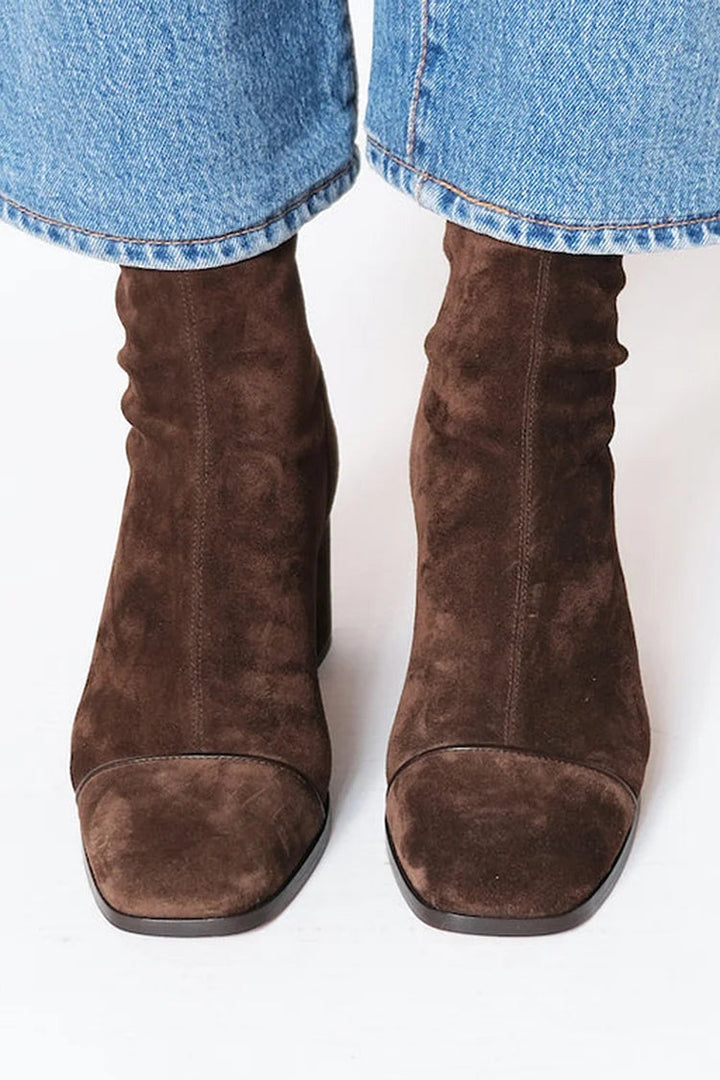 Women's dark brown square-toe ankle boots with ruched shafts and chunky block heels