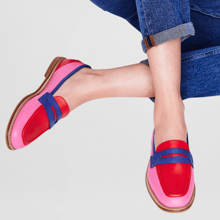 Women's color block slip-on loafers with flat soles and contrast vamp straps
