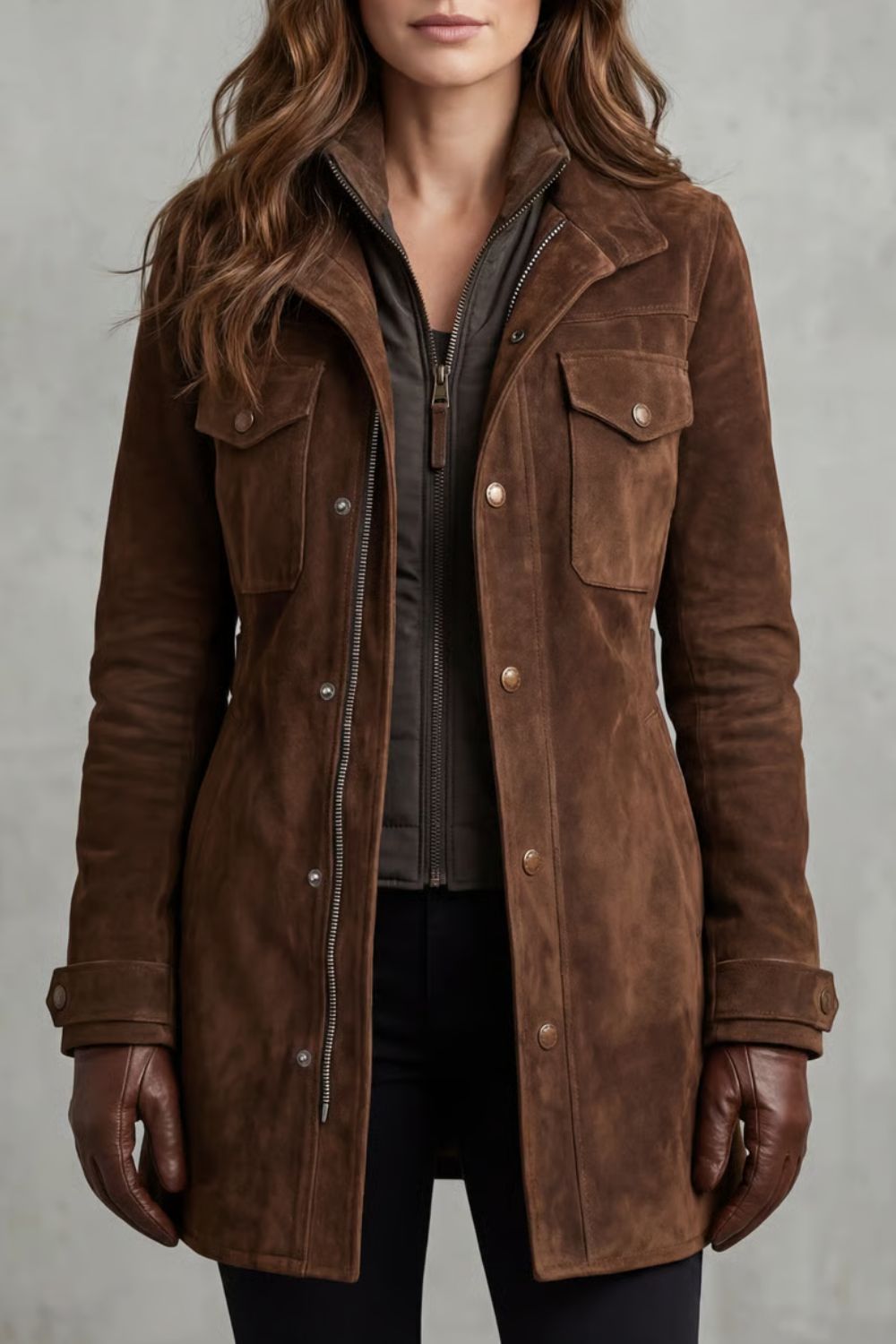 Women's brown longline coat with notched collar, button placket and flap pockets