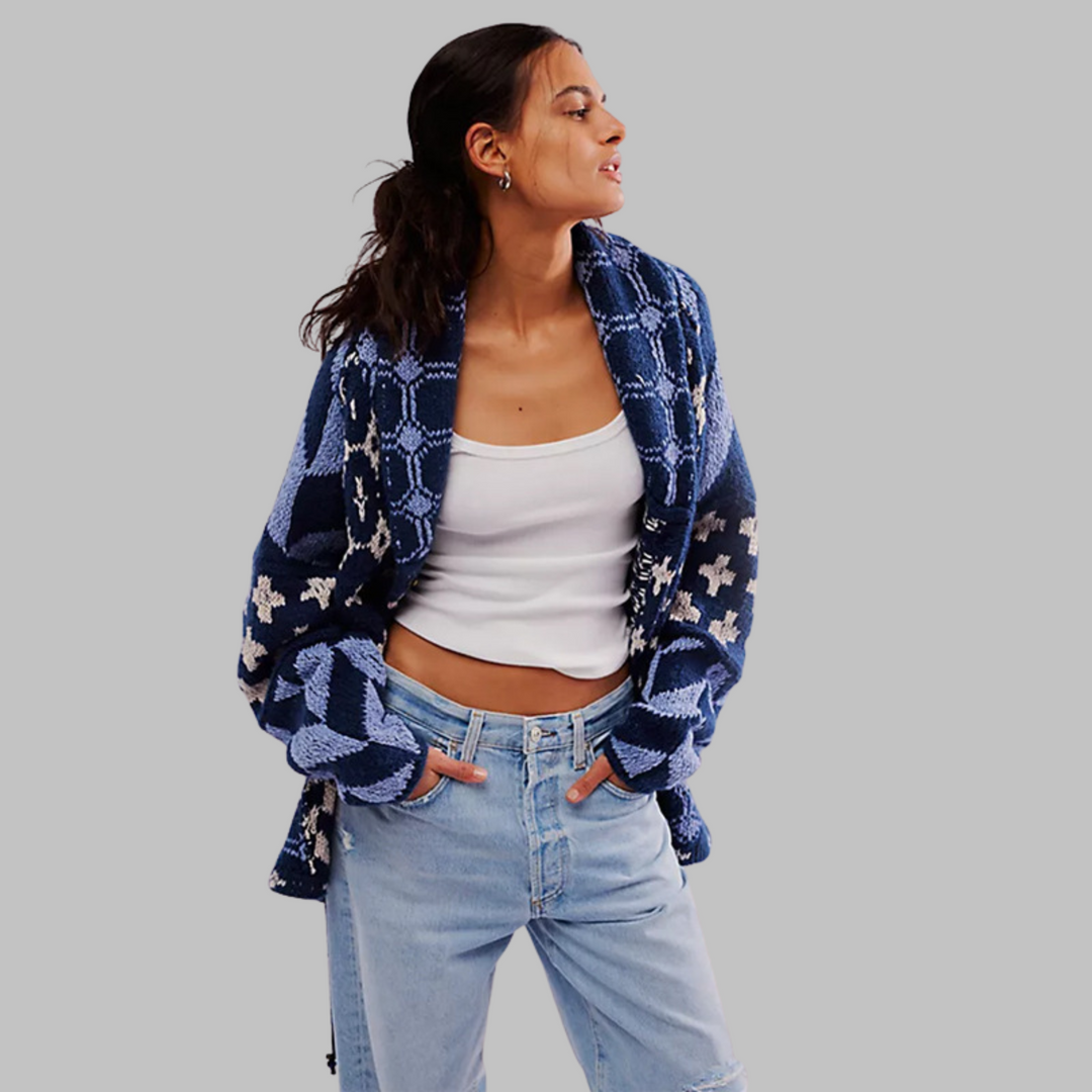 Women's oversized geometric button front cardigan with shawl collar and long sleeves