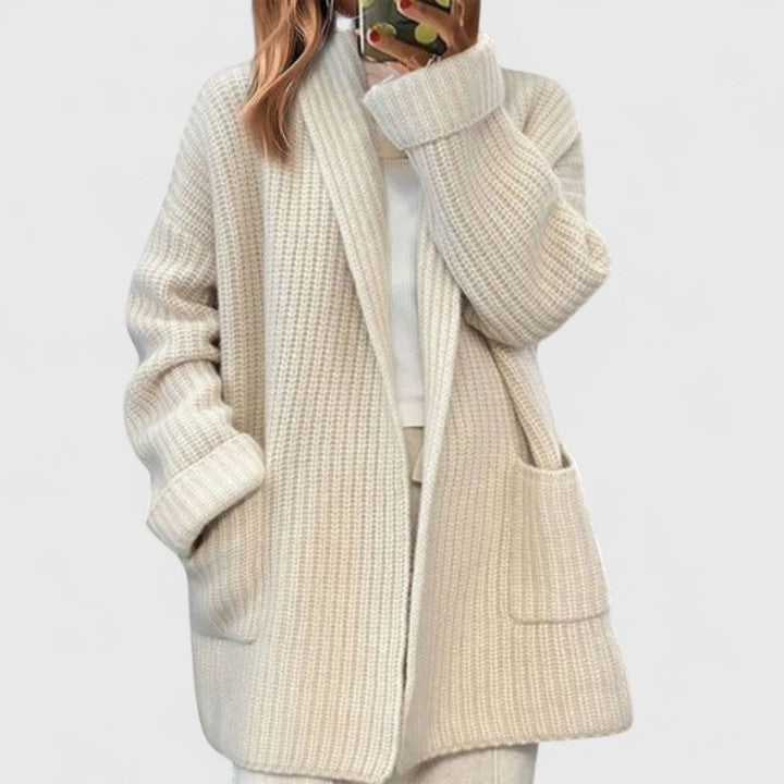 Women's textured longline cardigan with open front, long sleeves and front patch pockets