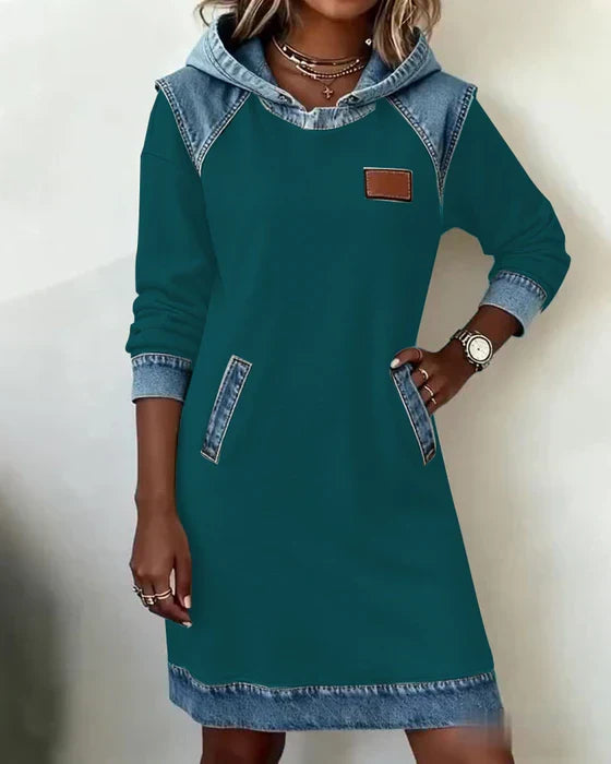 Women's hooded sweatshirt dress with long sleeves and contrast blue trim