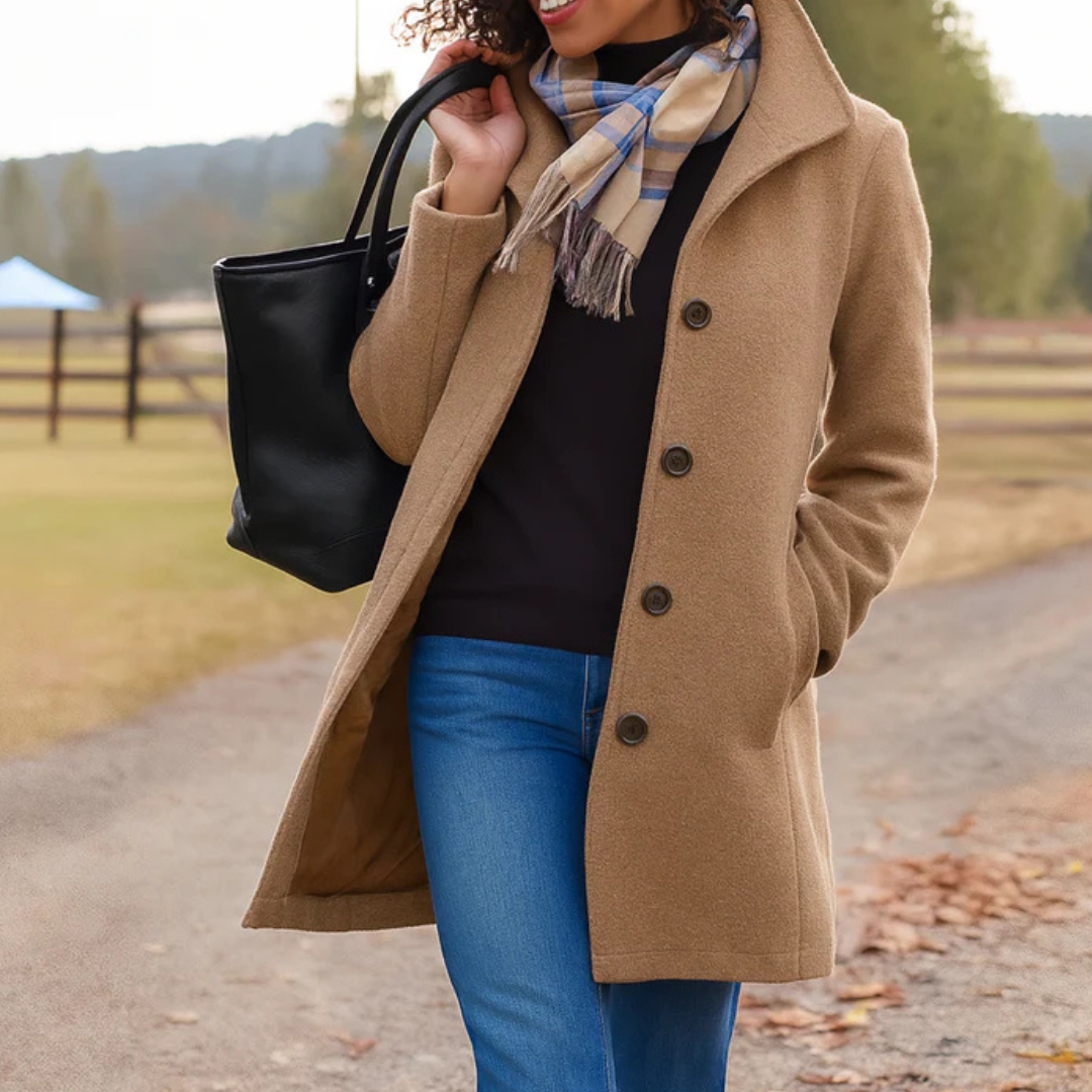 Women's textured button-front winter coat with notched lapels and side pockets