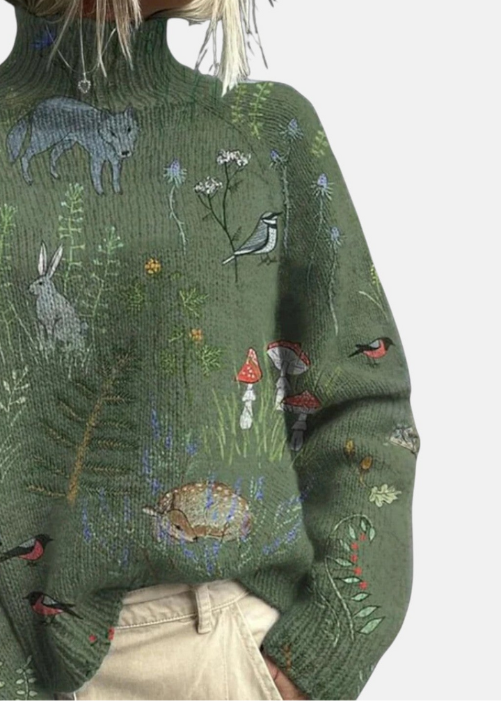 Women's long-sleeve patterned turtleneck jumper with ribbed trims