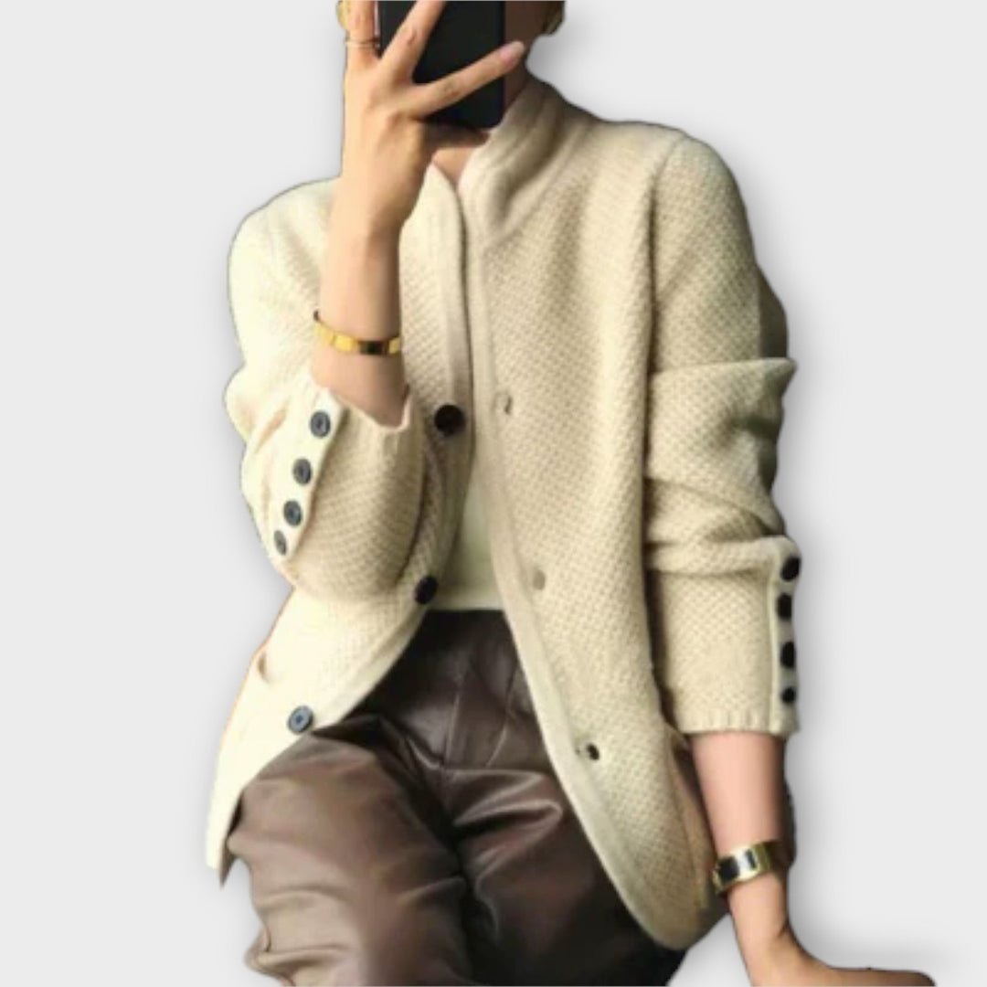 Women's textured button front cardigan with mock neckline and long sleeves