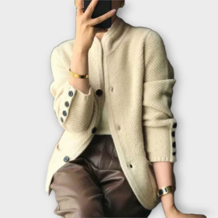 Women's textured button front cardigan with mock neckline and long sleeves