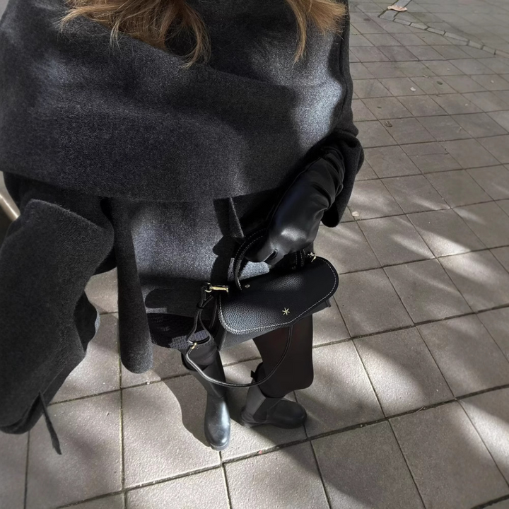 Women's hooded cape coat with draped collar and wide sleeves
