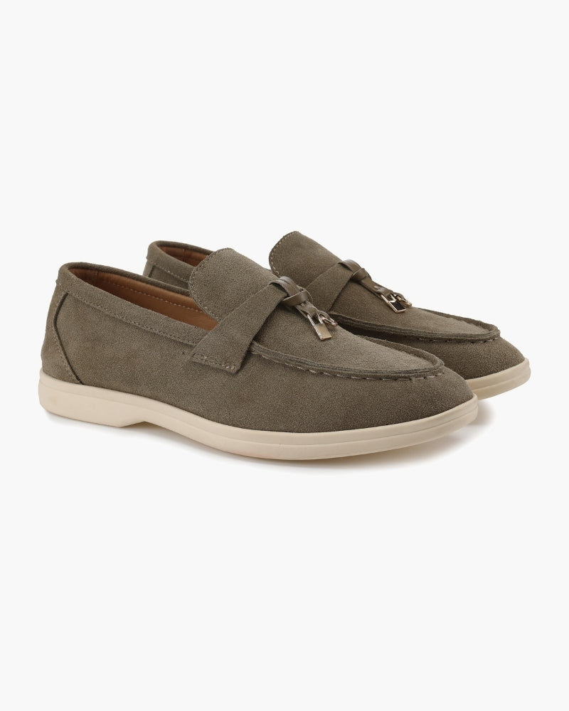 Women's slip-on loafers with penny straps and metal trim