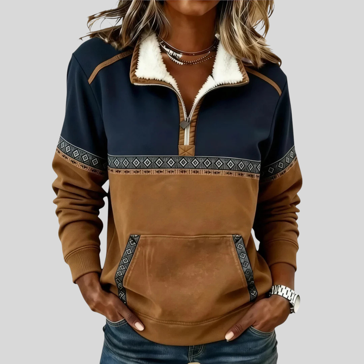 Women's half-zip pullover with sherpa collar, geometric trim and kangaroo pocket