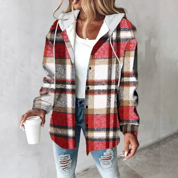 Women's checked hooded jacket with button front and long sleeves