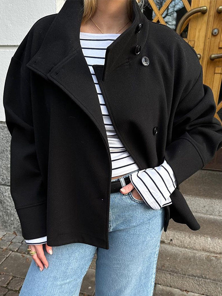 Women's short double-breasted jacket with stand collar and long sleeves