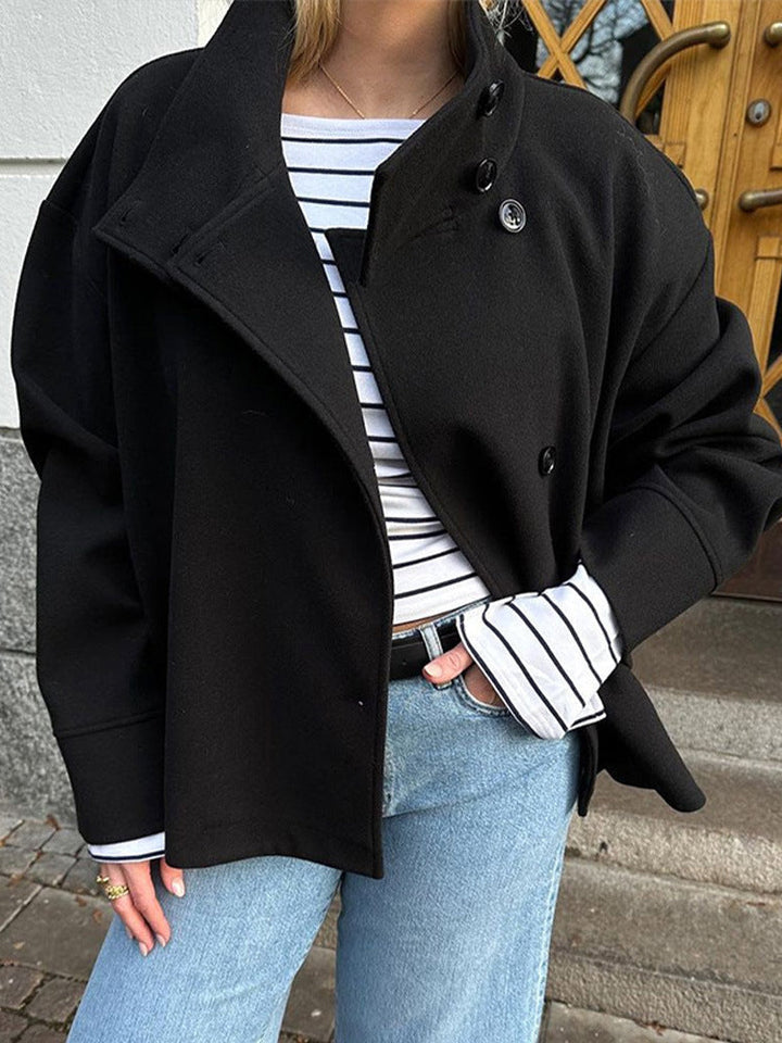 Women's short double-breasted jacket with stand collar and long sleeves