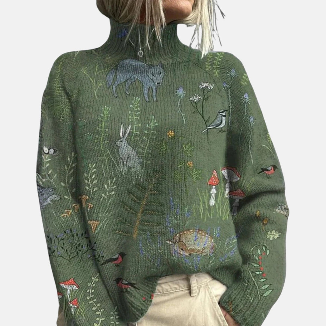 Women's long-sleeve patterned turtleneck jumper with ribbed trims