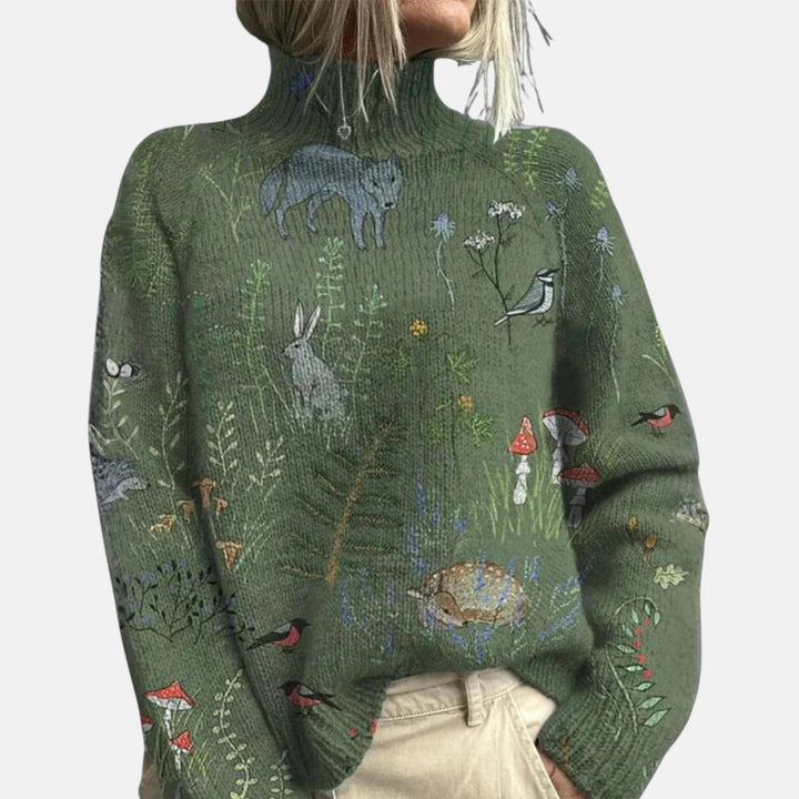 Women's long-sleeve patterned turtleneck jumper with ribbed trims
