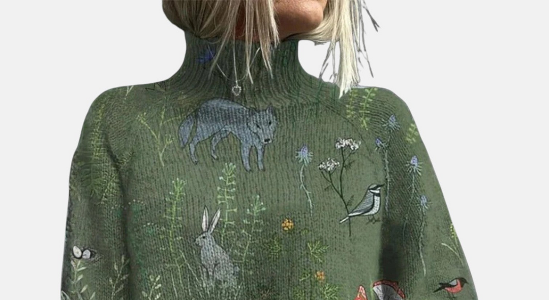 Women's long-sleeve patterned turtleneck jumper with ribbed trims