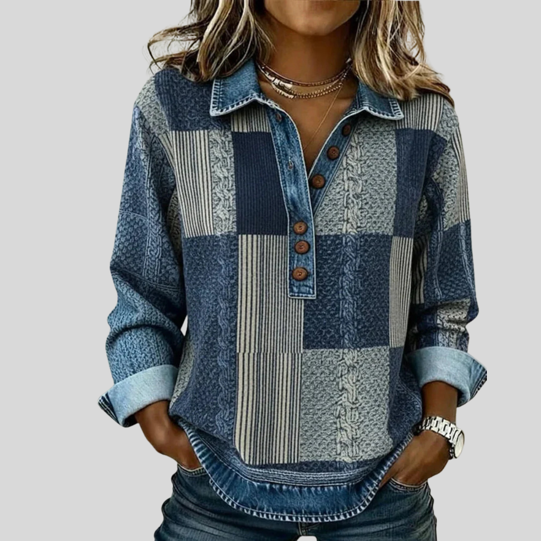 Women's patchwork collared sweatshirt with long sleeves and button placket