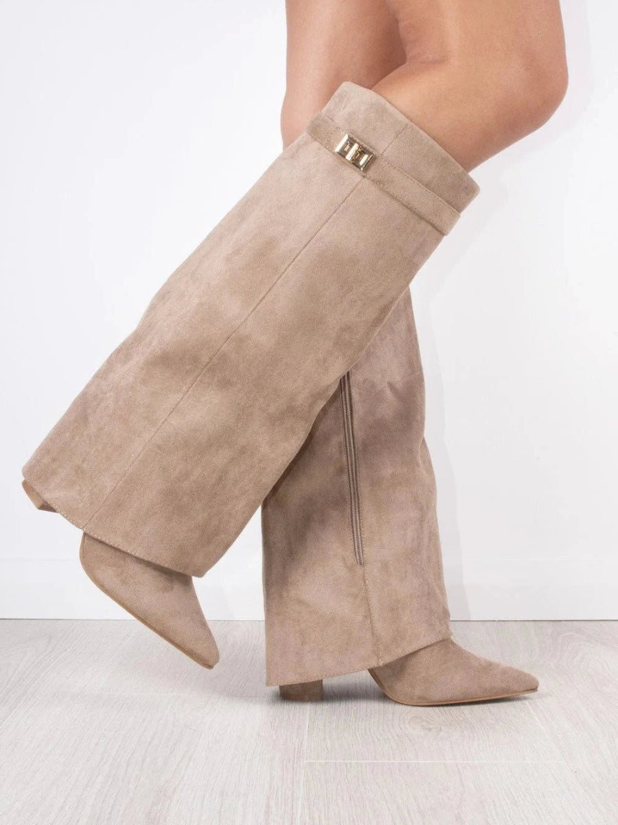 Women's knee-high pointed-toe boots with block heels and side zippers