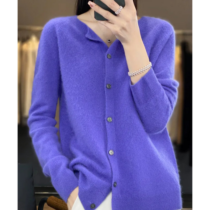 Women's plain crew neck button front cardigan with long sleeves